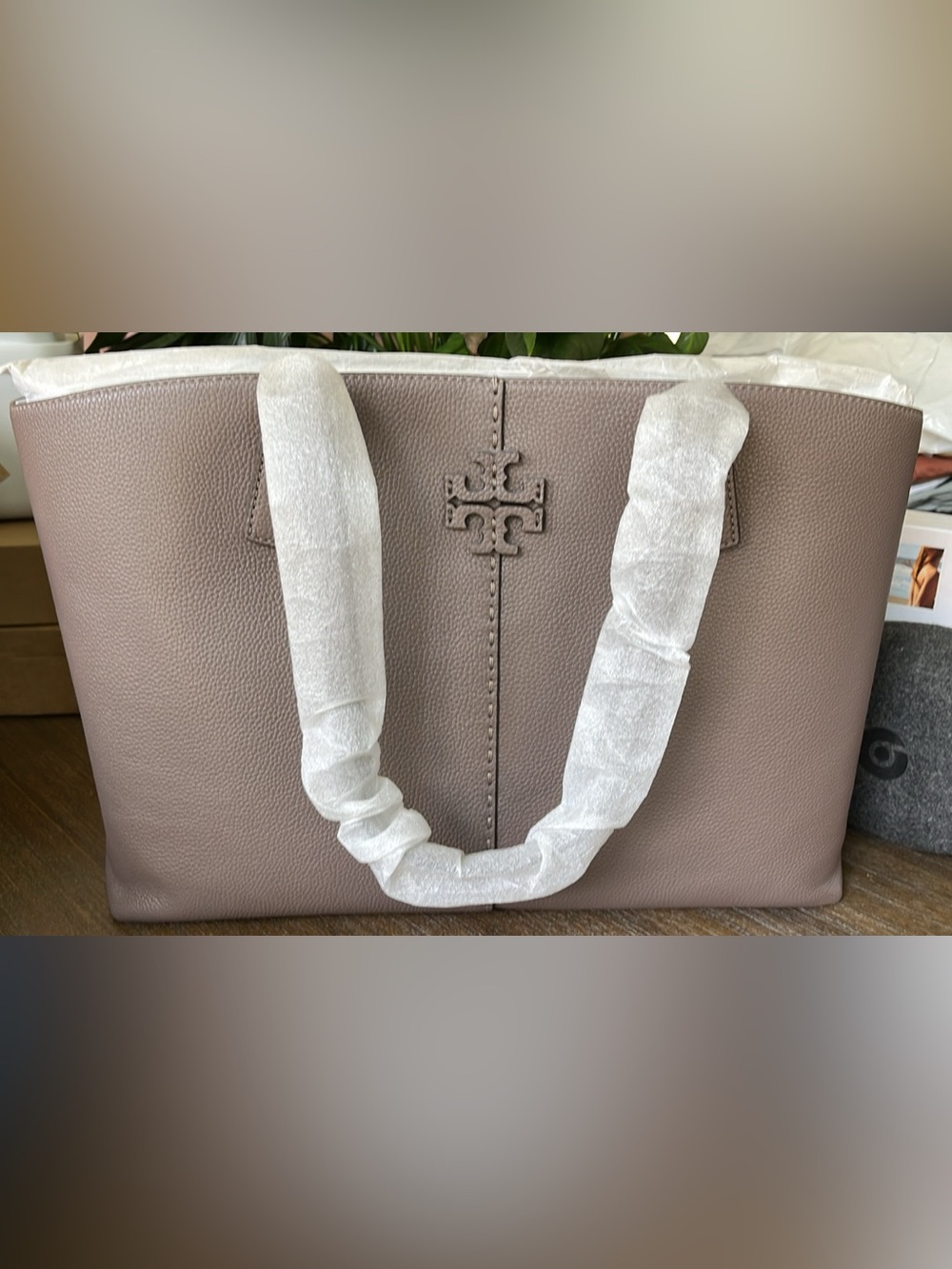 NEW Tory Burch McGraw Pebbled Leather Tote in Silver Maple